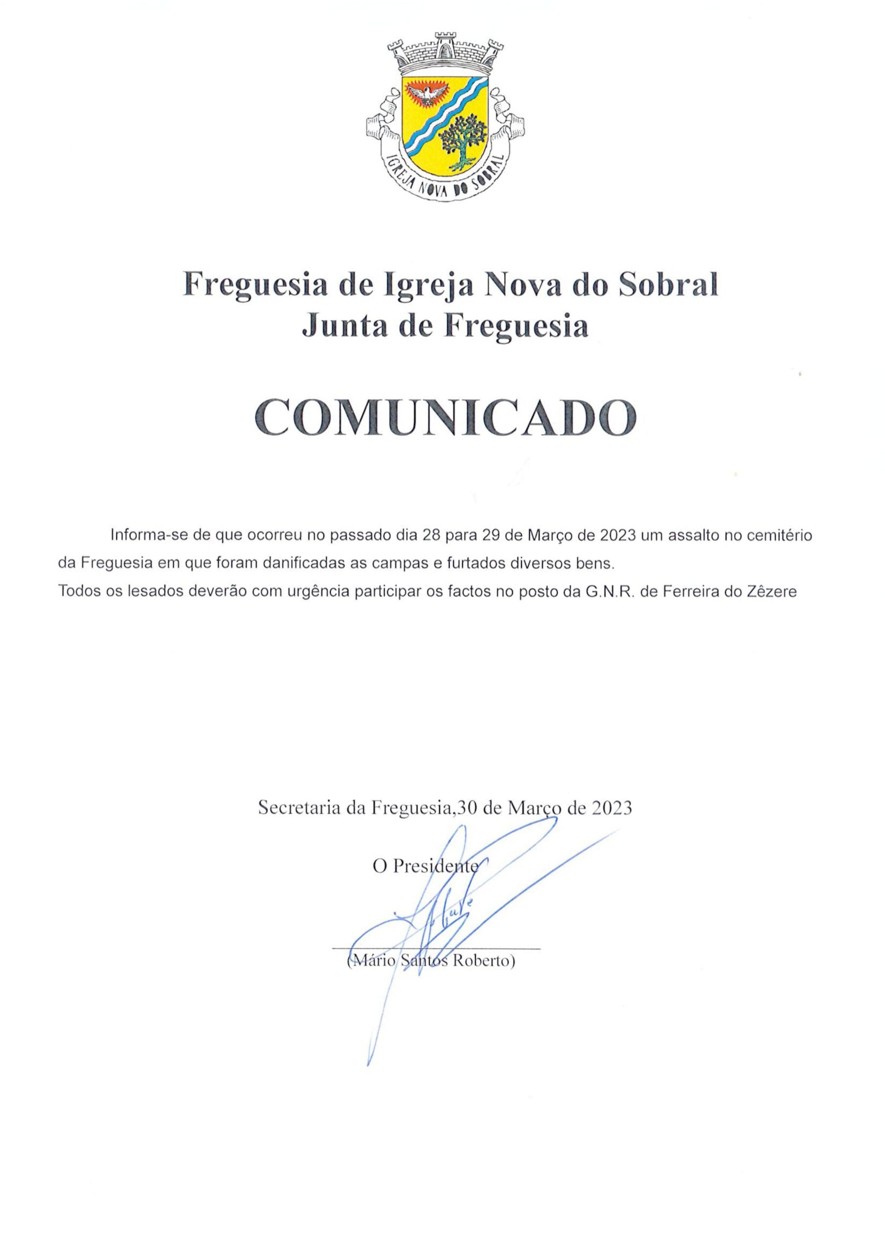 Informação sobre assalto ao cemitério da Igreja Nova do Sobral